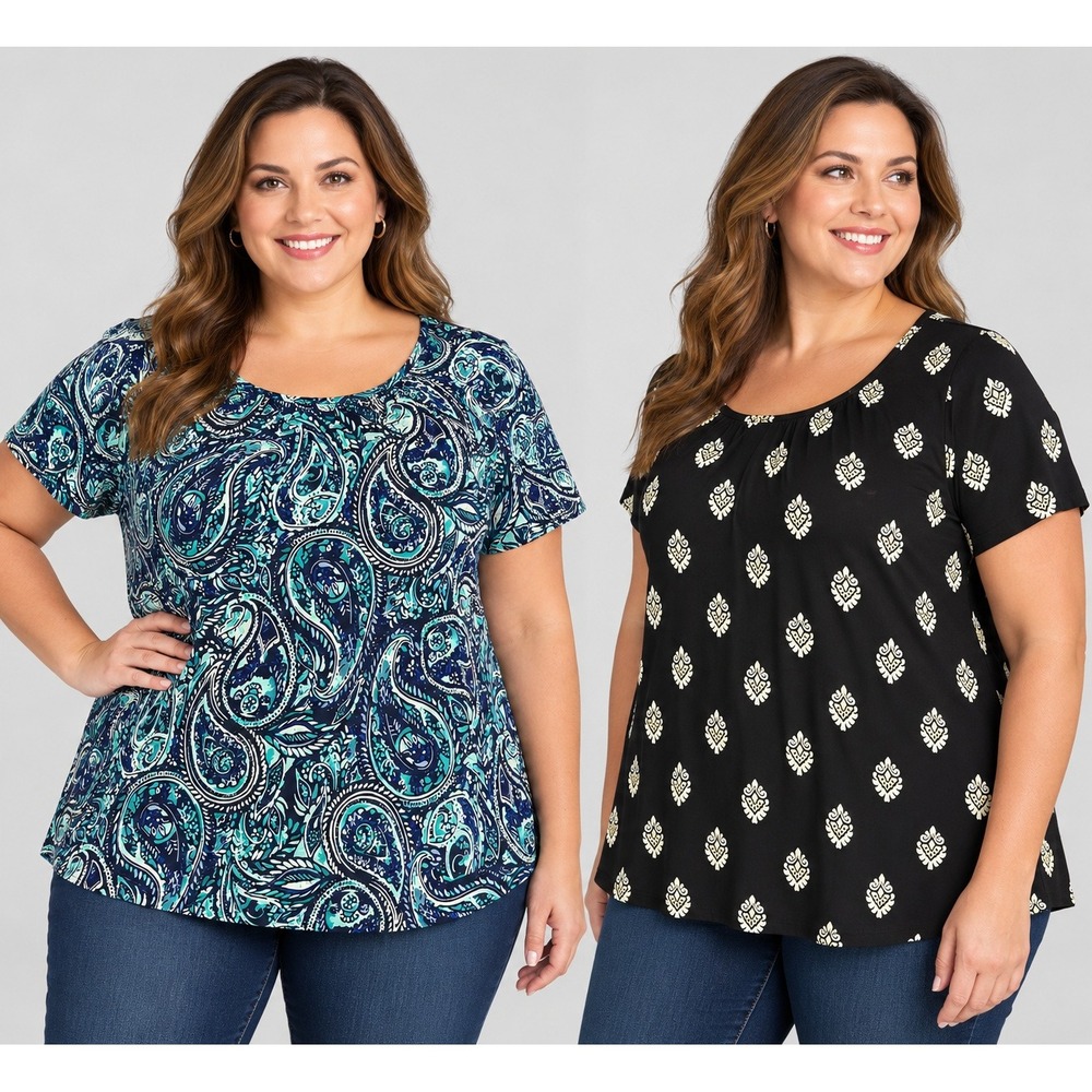 Croft & Barrow Womens Plus 2X Short Sleeve Top Lot 2 Blue Paisley Blck Medallion